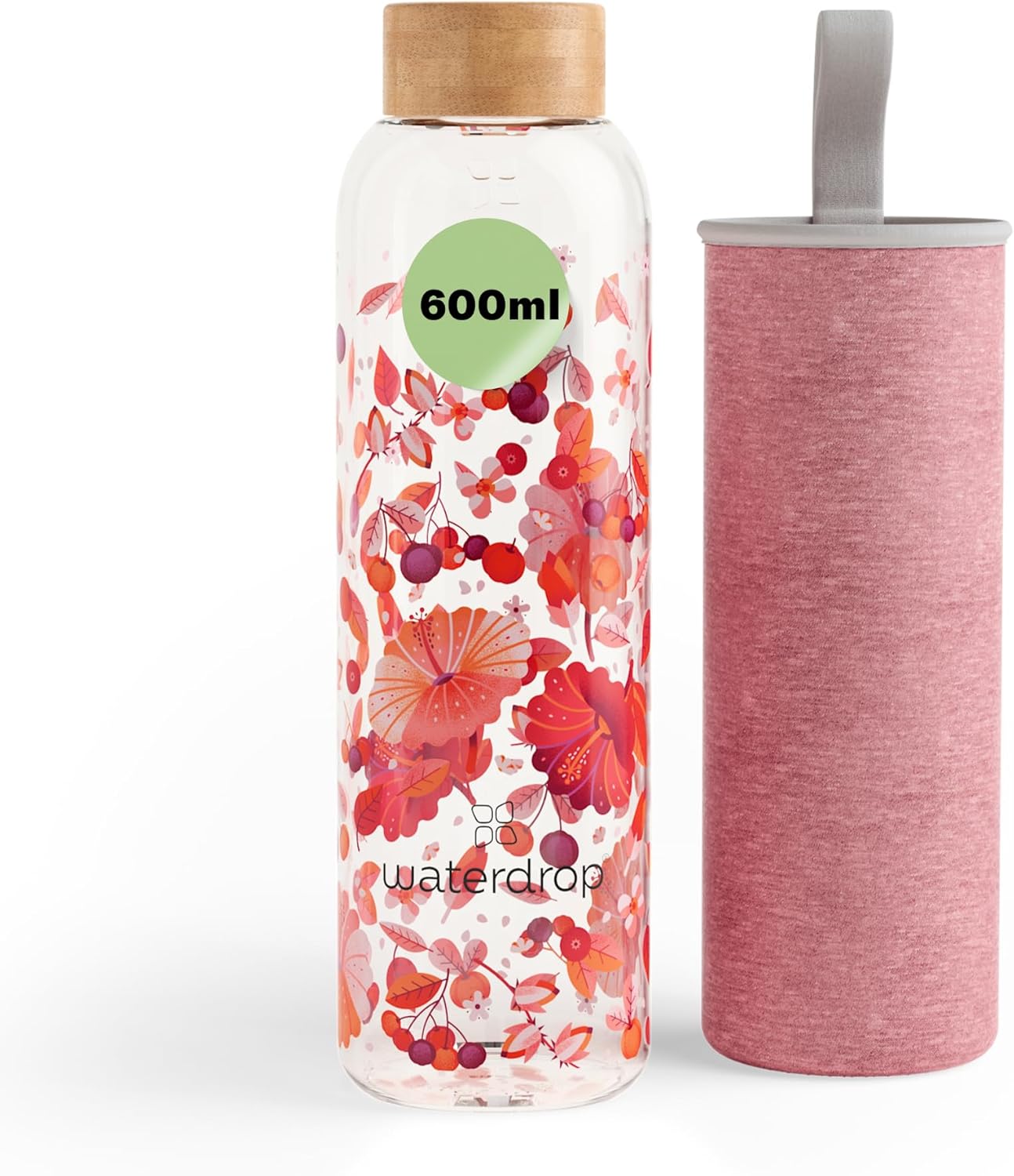 Waterdrop® Edition Glass Bottle 600 ml Leak-Proof Drinking Bottle Suitable for Carbonated Drinks, BPA-Free Water Bottle incl. Neoprene Case, Dishwasher Safe, Lightweight Borosilicate Glass Bottle