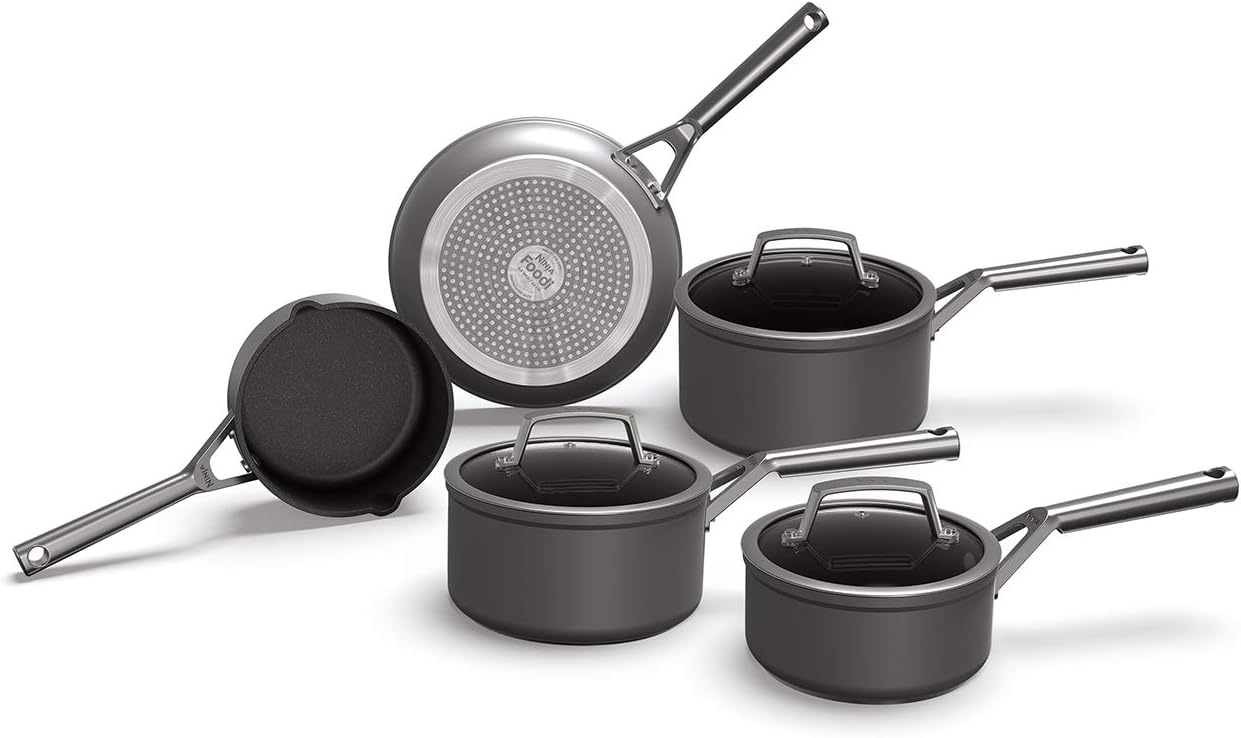 Ninja Foodi ZEROSTICK C35000EU 5-Piece Pan Set with Glass Lids, Non-Stick Coating, Hard Anodized Aluminum, Suitable for Induction Cookers, Oven and Dishwasher Safe, Stainless Steel Handle, Gray