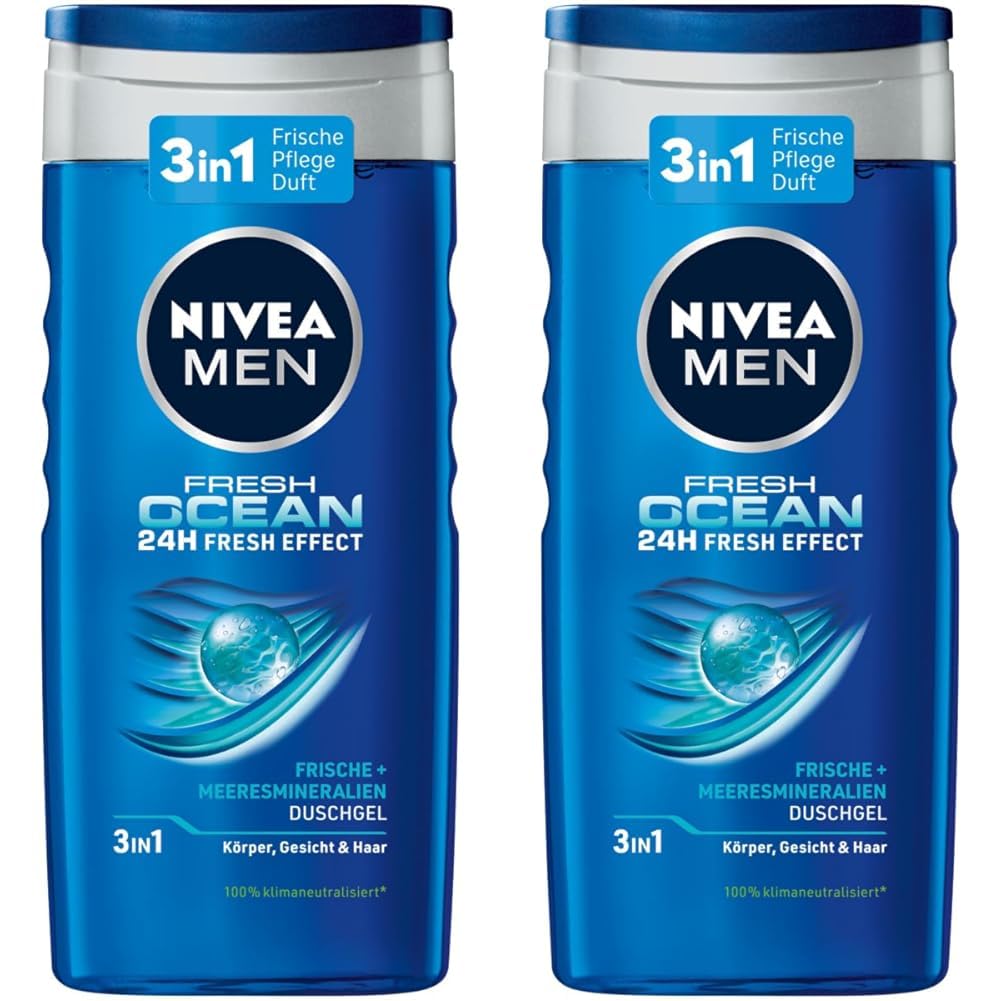 Nivea Men Fresh Ocean Shower Gel (250 ml), Revitalising Shower Gel With Ocean Fresh Fragrance, Men \ 'S Shower Gel With Sea Minerals for Body, Face and Hair (Pack of 2)