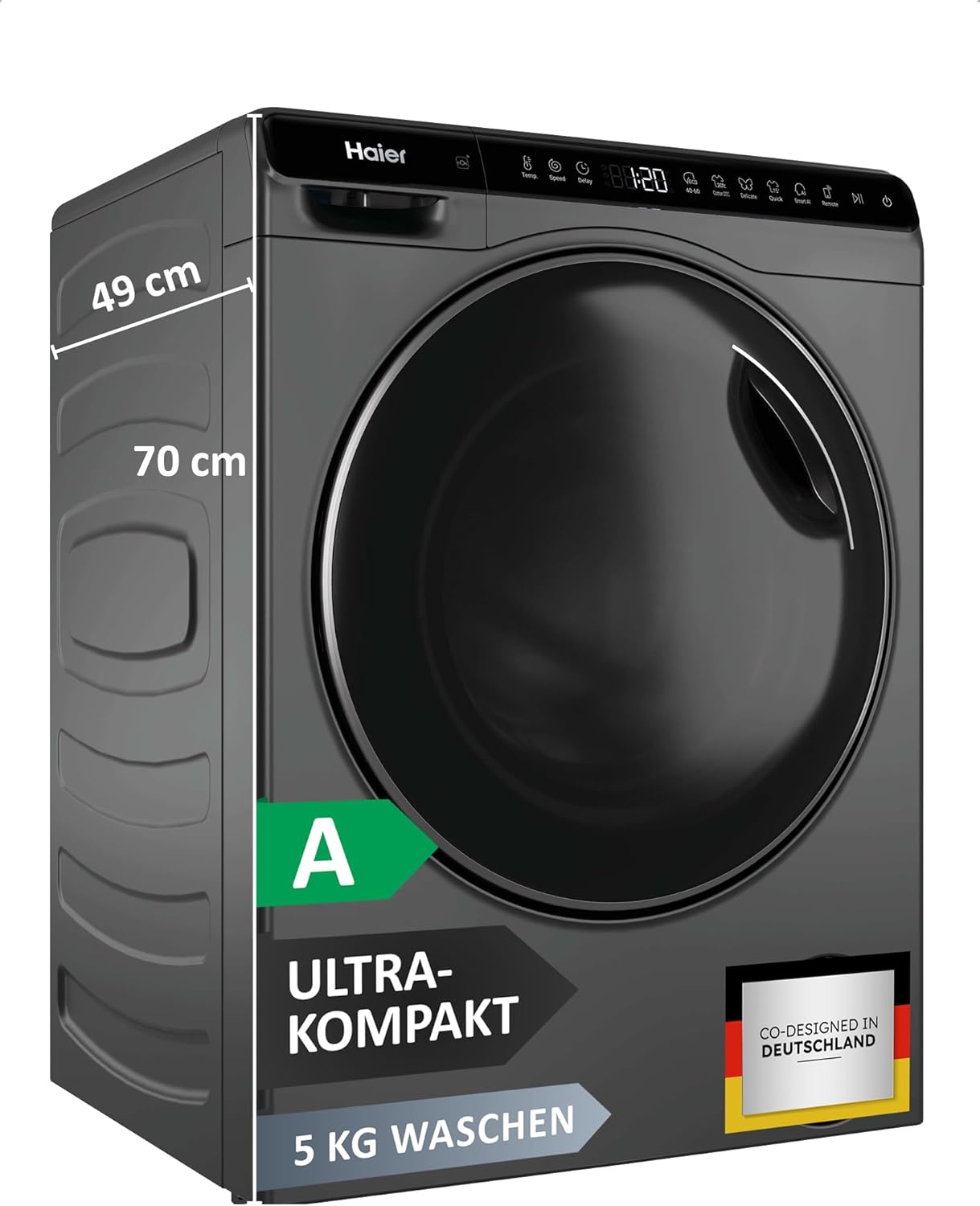 Haier Mini Washing Machine 5 kg I Ultra Compact I 51 cm Width 70 cm Height I With A Efficiency, 1,200 rpm & Inverter Motor I Automatic and Express Program, Automatic Volume I HW50-BP12307GU1