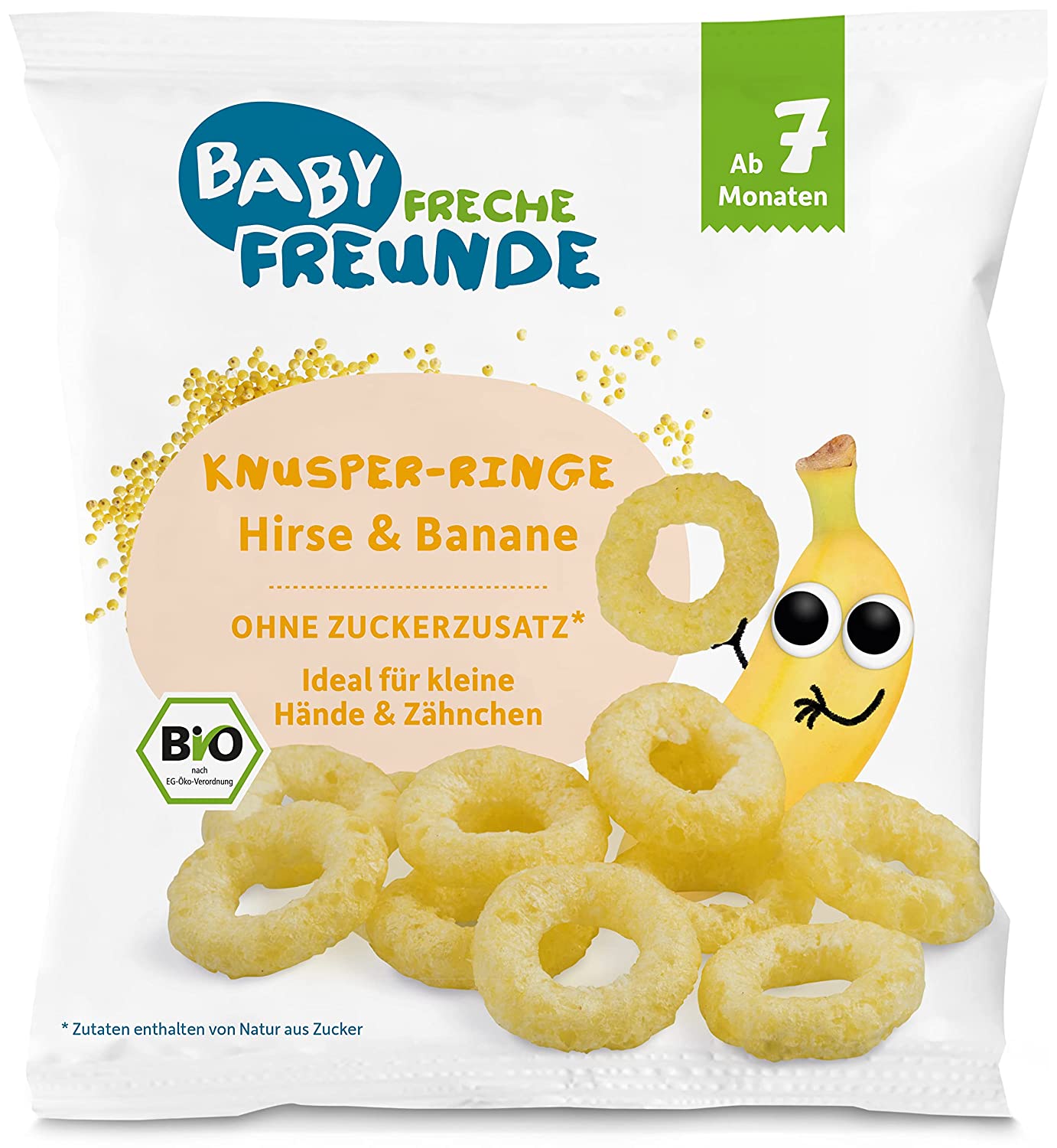 BABY FRECHE FREUNDE Bio Knusper-Ringe Hirse & Banane, Baby Snack mit Obst, für Babys ab 7 Monaten, glutenfrei & vegan, 8er Pack (8x20g)