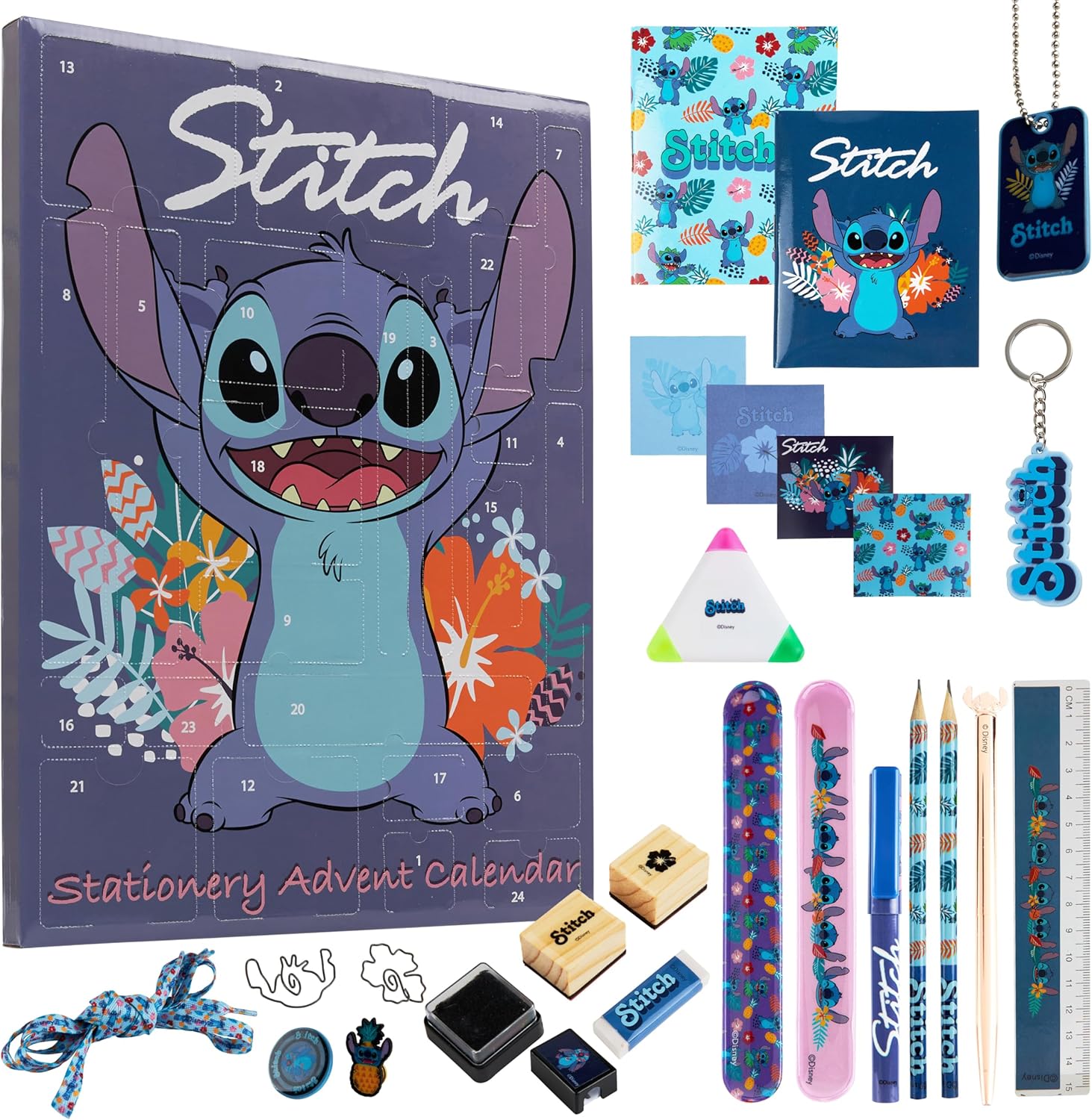 Disney Stitch Advent Calendar 2024-24 Surprises with Stationery, Stamp, Accessories (Blue Stitch Stationery)