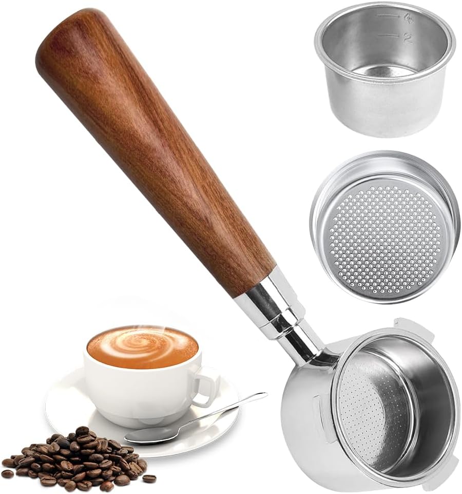 Piashow Bottomless Portafilter 51 mm Compatible with DeLonghi Dedica EC680 / EC685 / EC885, 3 Ears and Wooden Handle, Filter Basket 0.3 mm Pores