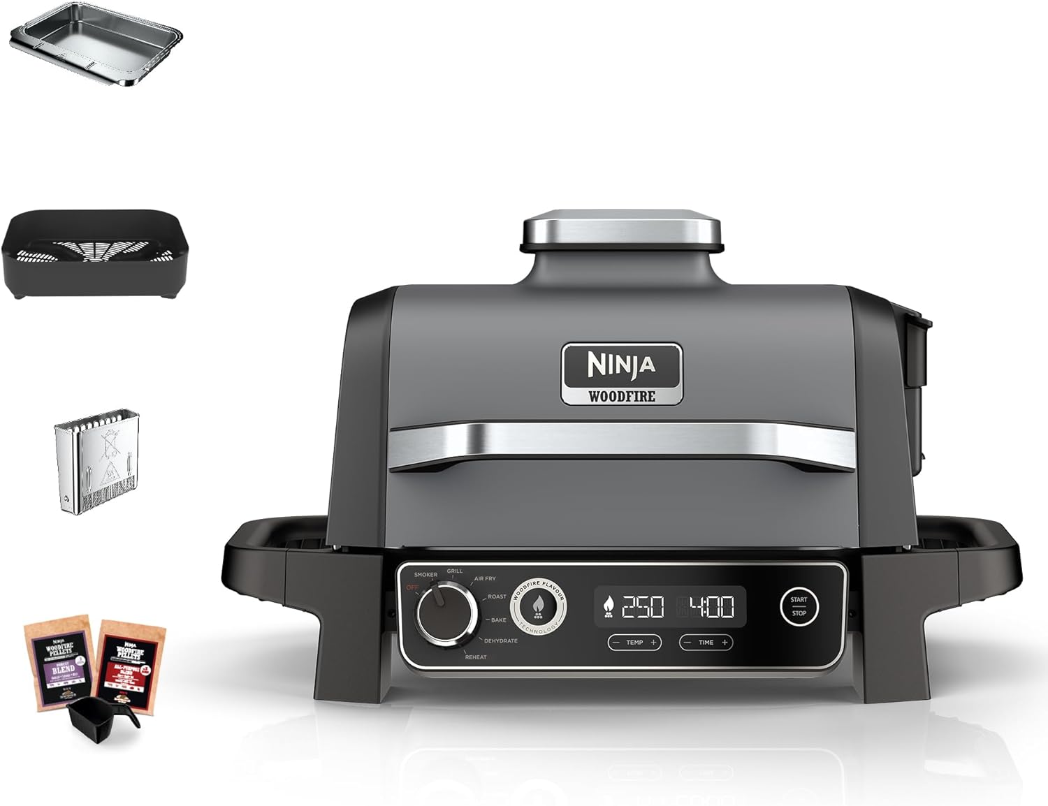 Ninja Woodfire OG701EU Electric Barbecue Camping Grill with Smoker & Hot Air Fryer, 7-in-1 Outdoor Grill, Smoking, Roasting, Baking, Weatherproof, Non-Stick Coating, Portable, Grey/Black