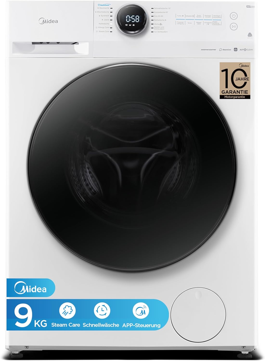 Midea MF200W90WB-14A Washing Machine / 9 kg / A Quiet & Efficient Inverter Motor/HealthGuard System/Steam Care/Refill Function/App Control/AquaStop, White