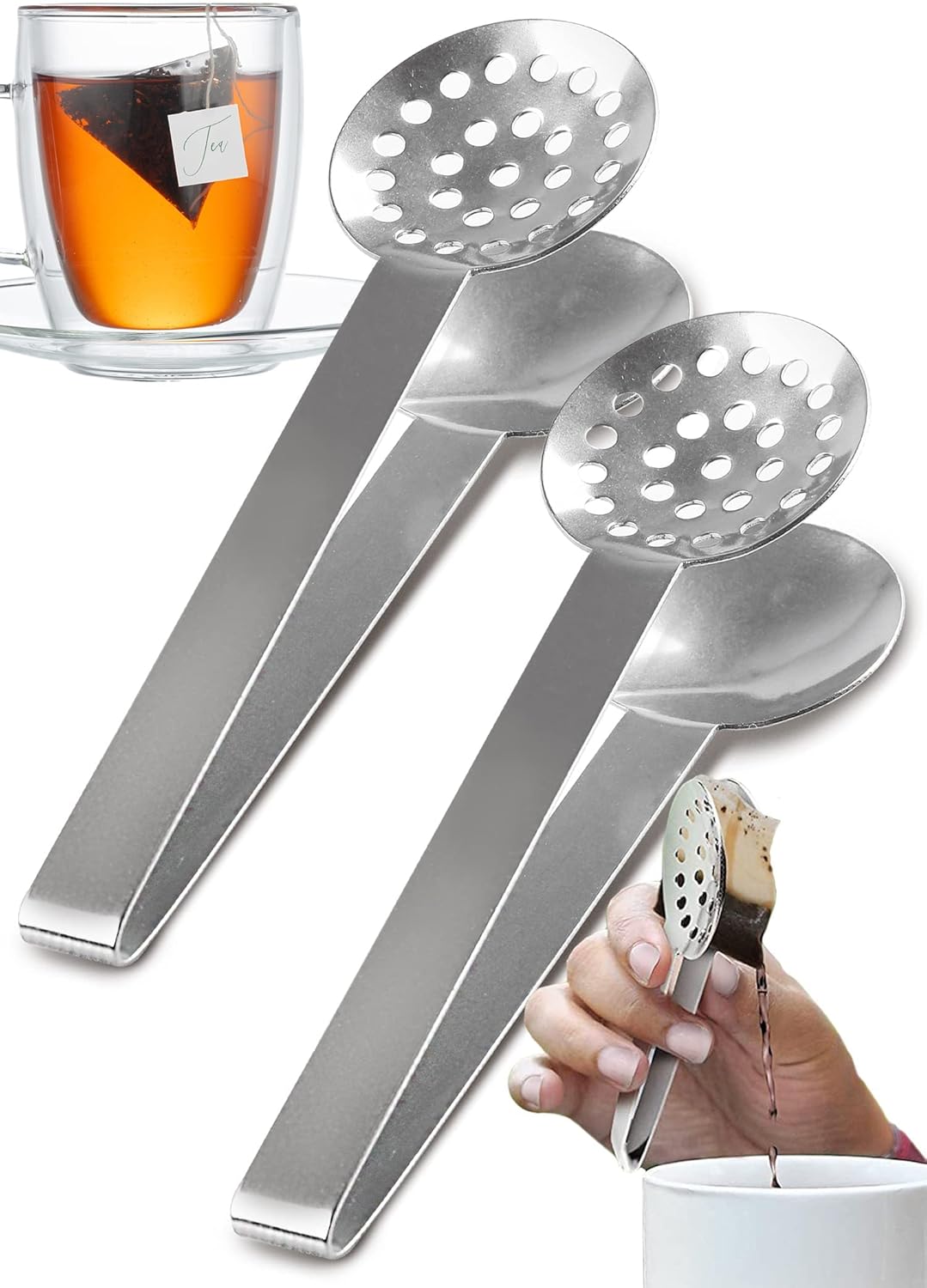Tea Bag Squeezer Made of Stainless Steel - Pack of 2 Tea Bag Tongs, Drip-Free & Dishwasher Safe, Practical Tea Bag Gripper, Tea Accessory Gift for Tea Lovers