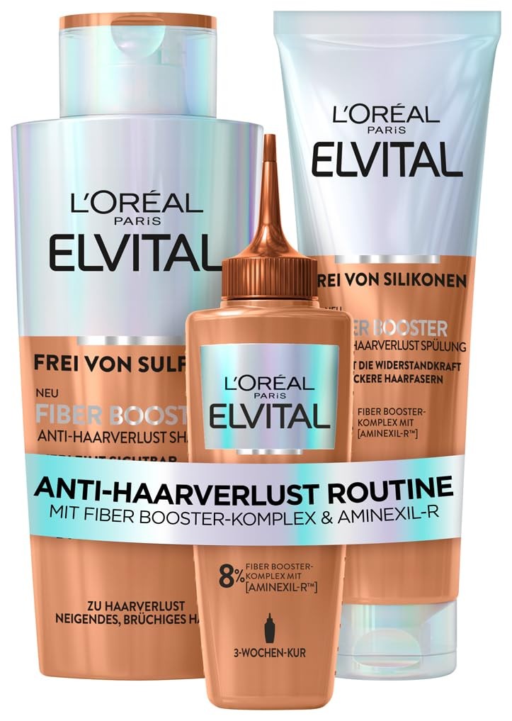 L'Oréal Paris L\'Oréal Paris Fiber Booster Anti-Hair Loss Routine Long Hair, Shampoo, Conditioner & Serum for Fuller Hair, Against Hair Loss, Less Hair Breakage, Elvital, Shampoo + Serum + Conditioner