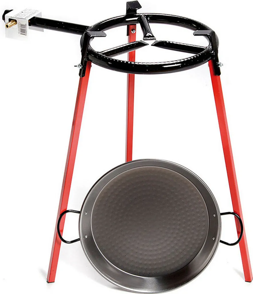 Paella pan set, polished, 38cm, with tripod and 300mm gas burner. Vaello