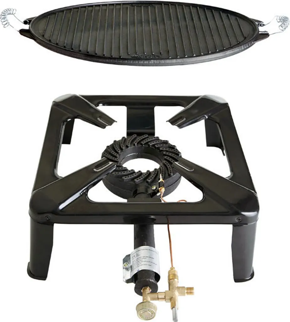 Paella World large camping stove set approx. 40 x 40 x 14-18 cm with ZS including light cast iron grill plate