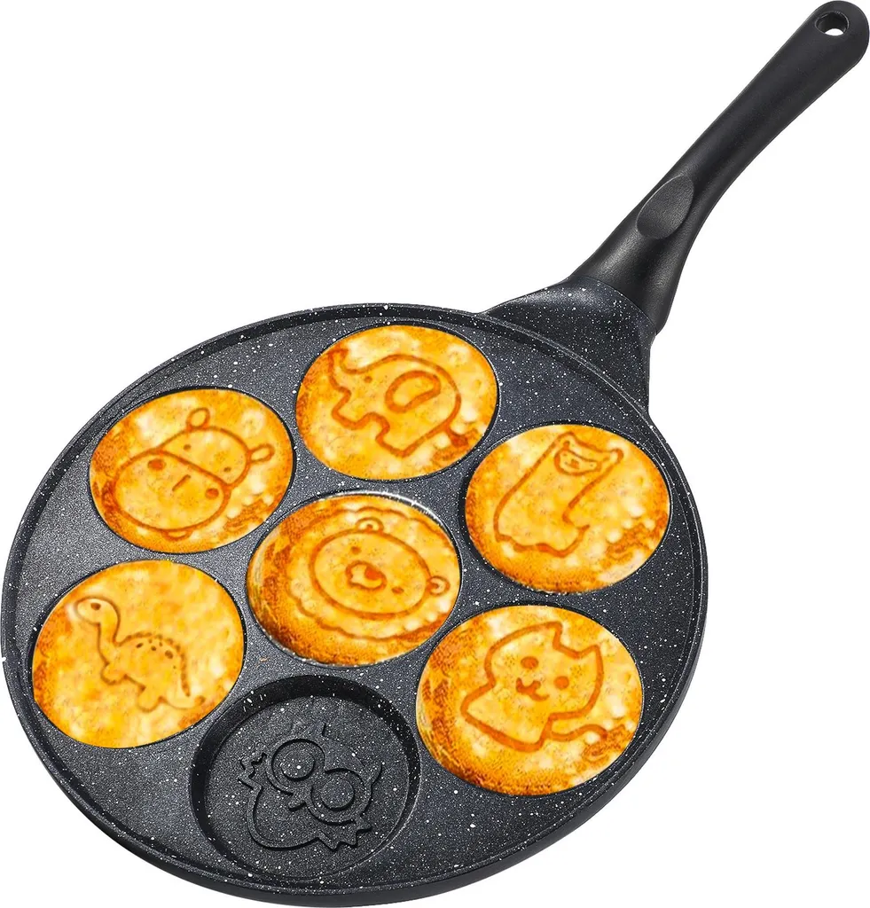 RPSTrading Pancake pan, non-stick pancake maker with 7 holes featuring cartoon animal faces, fried egg pan