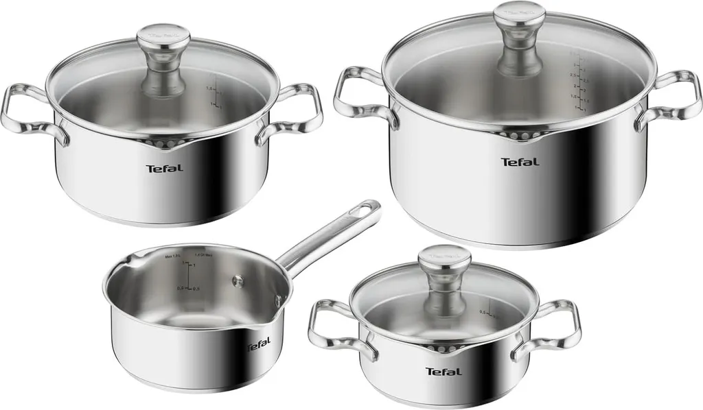 Markenlos Duetto 7-piece cookware set with glass lid and integrated sieve. Practical pouring rim. Also suitable for induction cooktops.