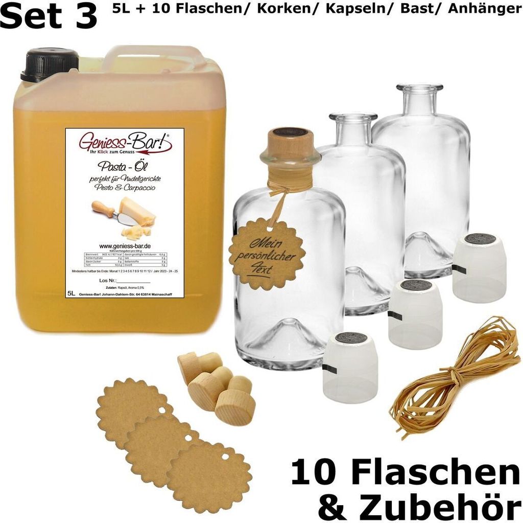 Edible! Pasta Oil 5L incl. 10 bottles, corks, capsules, raffia & pendant - like hearty Italian hard cheese VEGAN