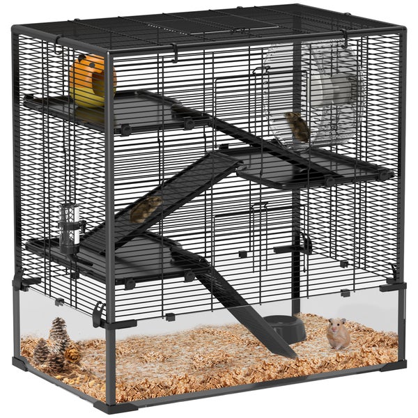 Hornbach PawHut Hamster Cage for Dwarf Hamsters, 4 Tier Rodent Cage with Glass Base, Hut, Balance Wheel, Ramps, Food Bowl, Small Animal Cage Dwarf Hamster Cage 78.5 x 48.5 x 80 cm Black
