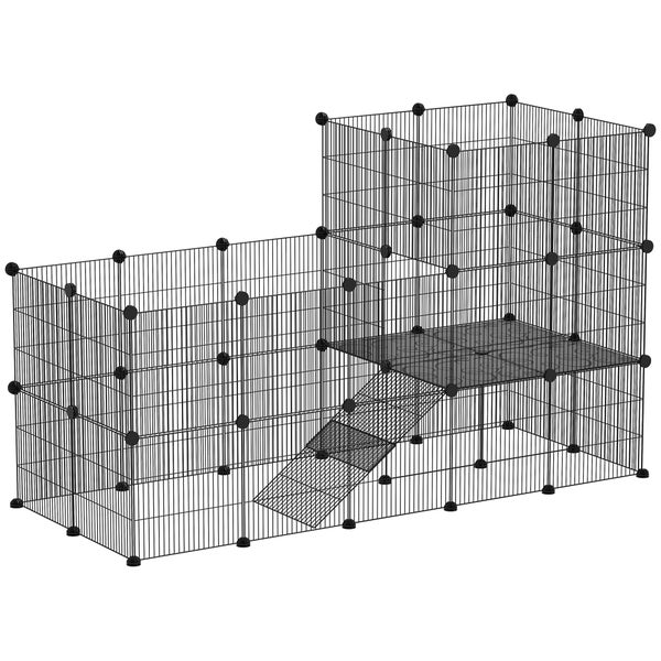 Hornbach PawHut Small Animal Enclosure Small Animal Cage with 39 Panels Outdoor Enclosure with Ramp DIY Mesh Enclosure Metal Small Animals Openable Black 140 x 70 x 105 cm