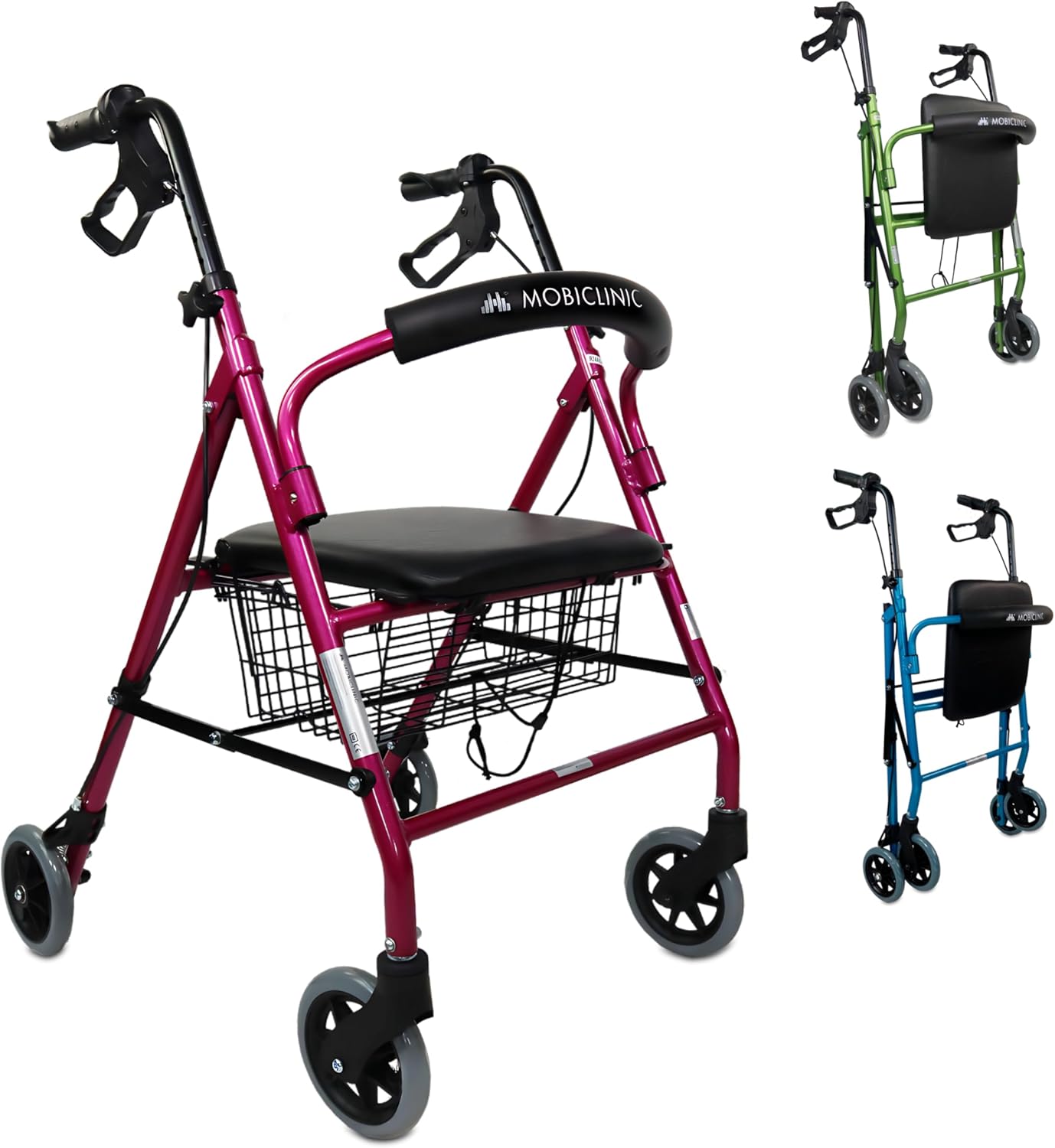 Mobiclinic, Escorial Rollator, European Brand, Foldable and Lightweight, Lockable Handbrakes, Walker for Senior, Aluminum, with Seat Backrest, Basket, 4 Wheels, Pink