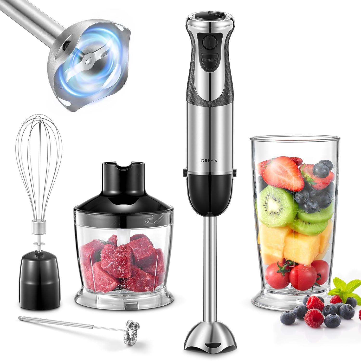 5-in-1 Hand Blender Set 1000 W, Stainless Steel Purée Stick with 12 Speeds and Turbo Function, Includes 500 ml Chopper, 600 ml Measuring Cup, Whisk and Milk Frother, BPA-Free (Black2)