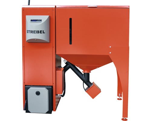 Pellet boiler Strebel Biotec 25S red 25 kW with pellet container 500 liters on the right