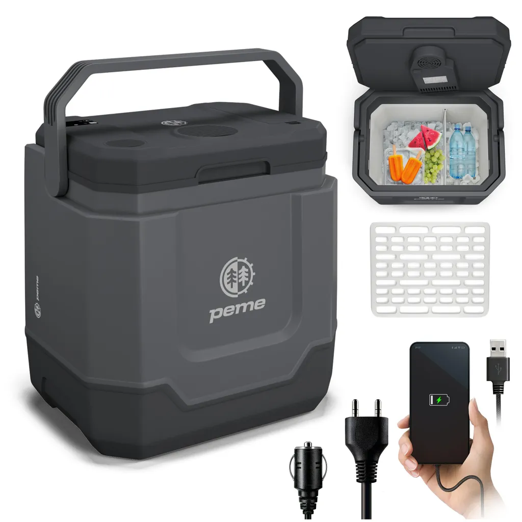 Peme Electric Cooler Box Trip 31.5L - Car Camping Refrigerator, Quiet Bluetooth Speaker Mini Fridge, Travel Car Truck Outdoor, with Power & USB