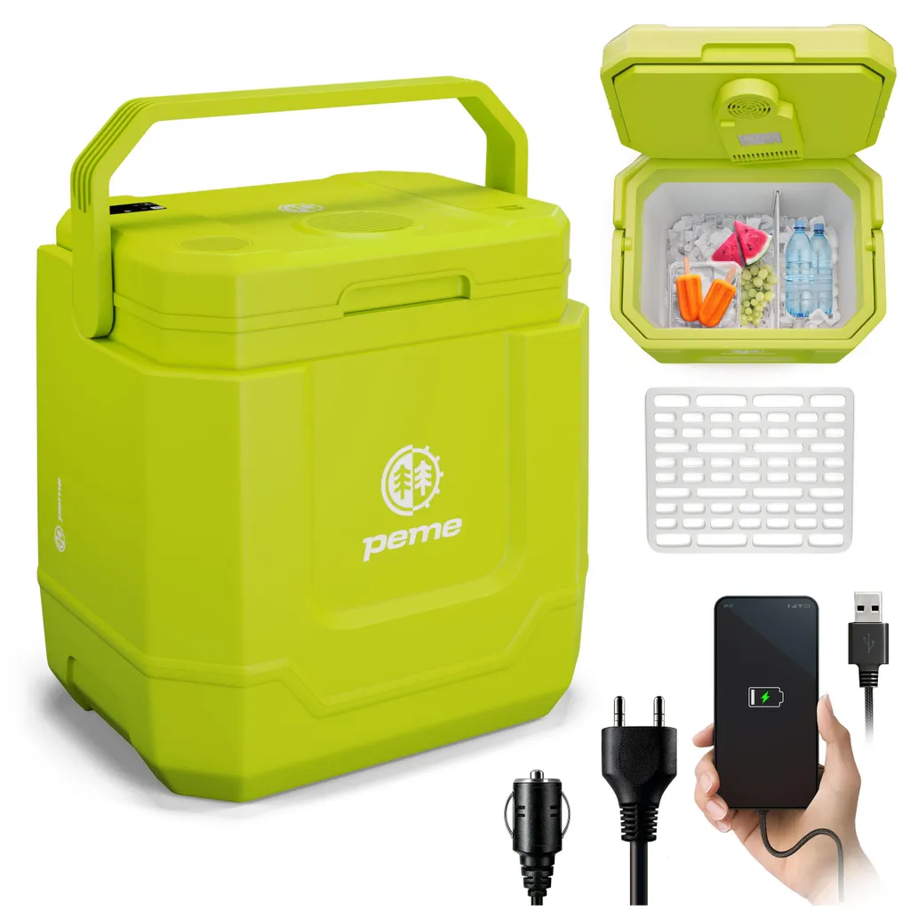 Peme Electric Cooler Trip Neon - Car Camping Fridge with Bluetooth Speaker, Quiet Warming Box, Mini Fridge for Travel, Car, Truck, Tent, USB