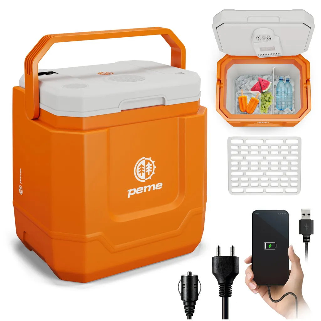 Peme Electric Cooler Box Trip Orange - Car Camping, Refrigerator, Bluetooth, Quiet Speaker, Warming Box Mini Fridge, Car Truck Travel, Tent, USB