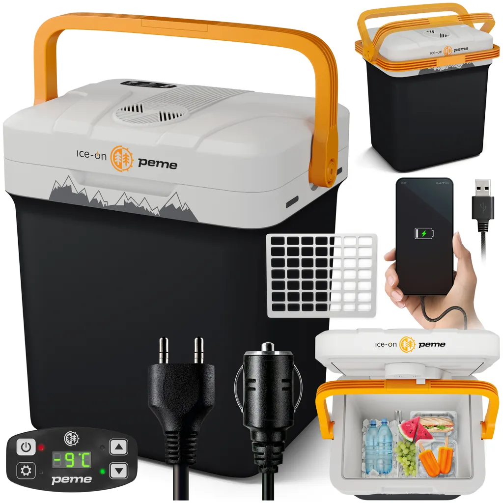 PEME Essential 23 Liter Electric Cooler for Cooling and Warming, 12/230V Portable Refrigerator, Eco Mode, USB Port, for Camping and Car