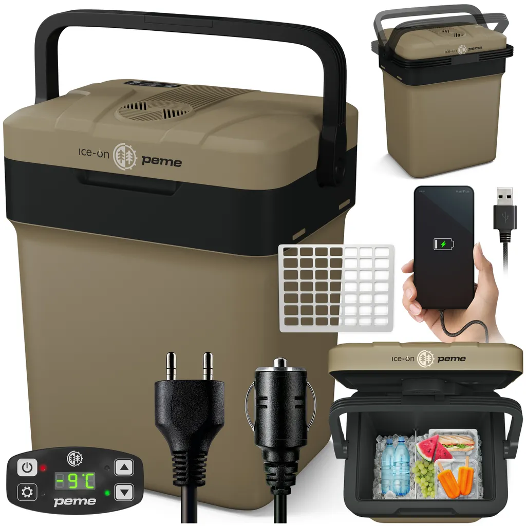 PEME Essential 26 Liter Electric Cooler for Cooling and Warming, 12/230V Portable Refrigerator, Eco Mode, USB Port, for Camping and Car