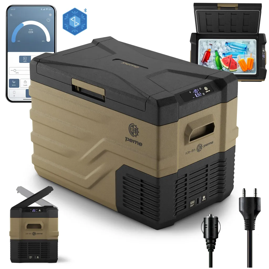 PEME Quest 40 Travel Refrigerator – 35.3L, Compressor Cooling Technology, -20°C to +20°C, Bluetooth Control, 2 Power Systems, ECO Mode, Durable, Sand Storm