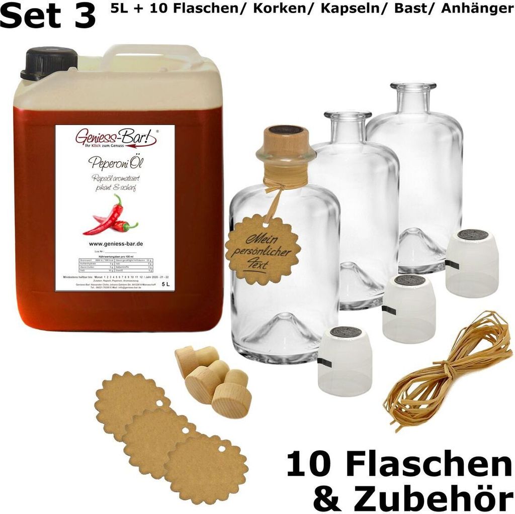 Edible! Pepperoni oil - Chili oil 5L including 10 bottles, corks, capsules, raffia & tag. Pleasantly hot! Canister bulk container of pepperoni oil, rapeseed oil.
