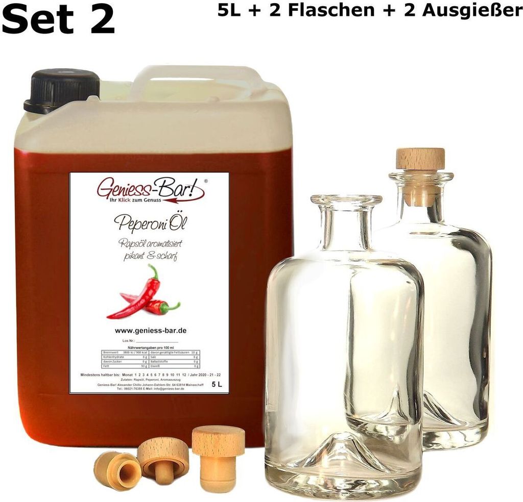 Edible! Pepperoni oil - Chili oil 5L including 2 bottles & 2 pourers! Pleasantly hot! Canister bulk container of pepperoni oil and rapeseed oil