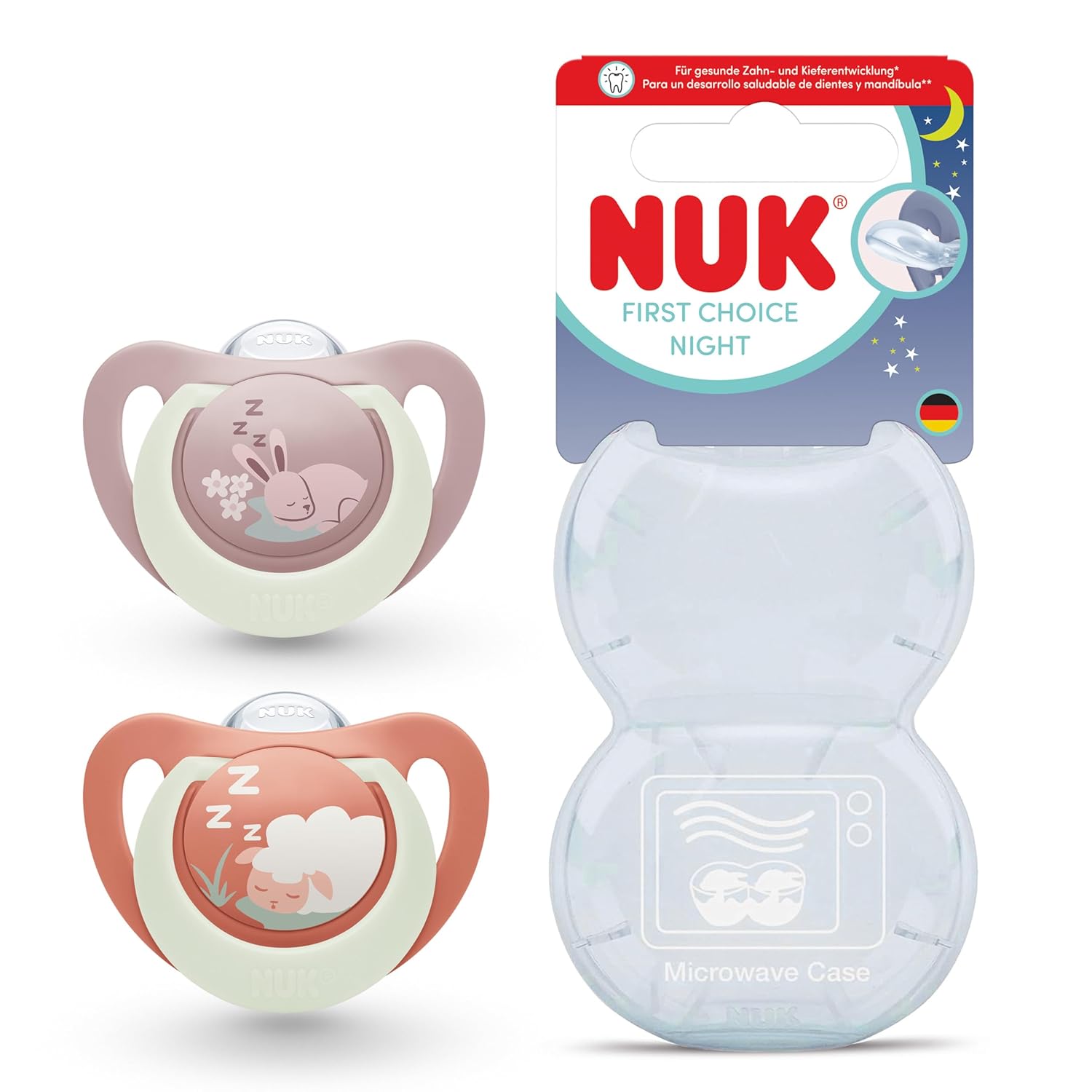 NUK First Choice Night Baby Dummy | 0-6 Months | Orthodontic Dummies that Glow in the Dark | Soothes 99% of Babies** | Rabbit/Sheep | 0-2 pieces