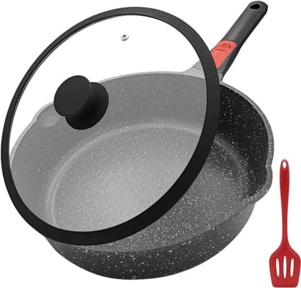 AIKENBBKK Frying pan with lid, non-stick, 28 cm, 4.3L wok pan, removable handle, suitable for all hob types, oven and dishwasher safe (black)