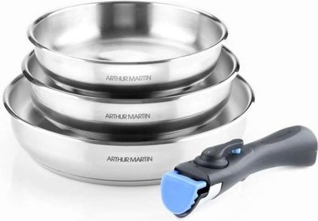 3-piece frying pan set, 20-24-26 cm, Arthur Martin AM1410, stainless steel, removable handle, suitable for induction cooktops
