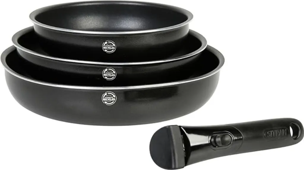 3-piece frying pan set by Sitram, pressed aluminum, Ø 20/24/28 cm, non-stick coating, removable handle, suitable for all hobs, including induction