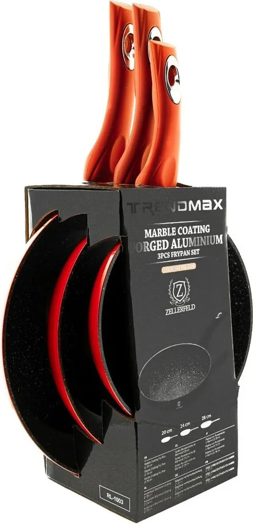 Zellerfeld 3-piece frying pan set, induction compatible, scratch-resistant marble frying pans, ø20-ø24-ø28cm, suitable for all hob types, red