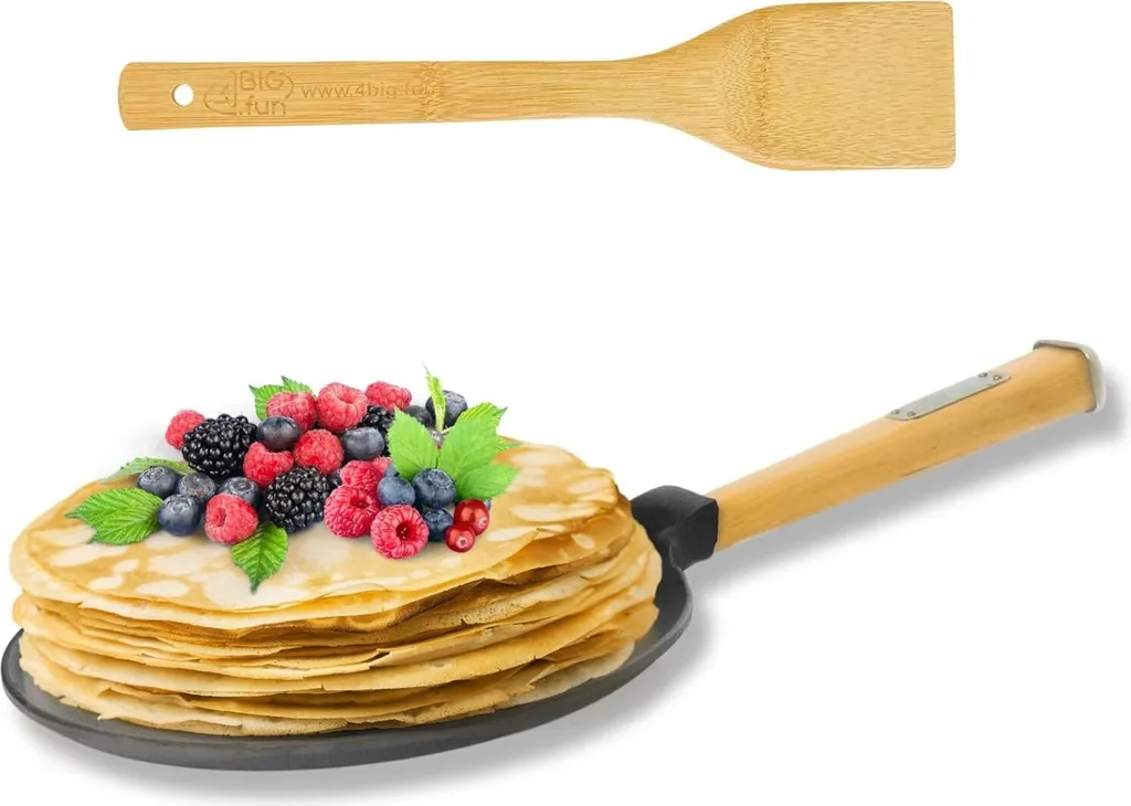 BIG-PAN Pancake frying pan, cast iron, 22 cm, wooden handle, detachable, spatula, pancake crepe pan, induction compatible, crepe pan, omelet pan