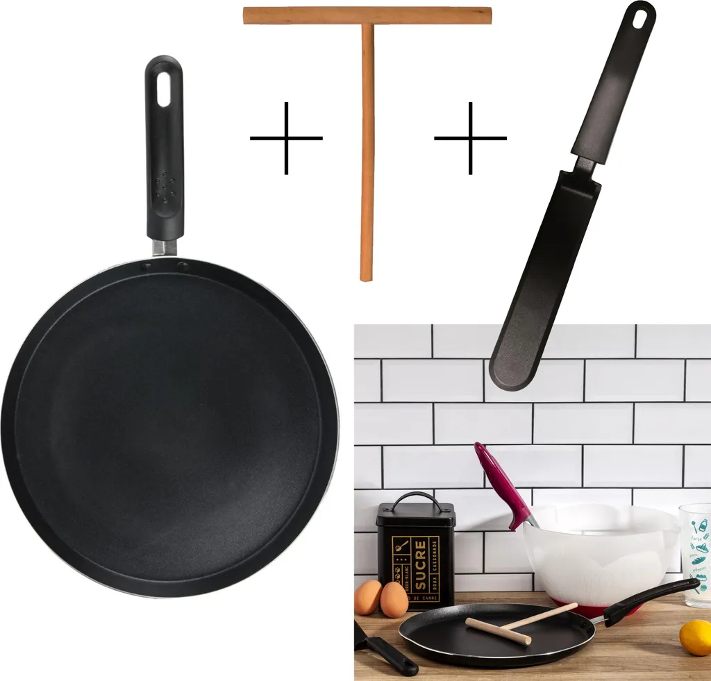 Spies Online Pancake pan ø 28 cm – including batter spreader and wooden spatula – induction tested – crepe pan – pan set – -free – black