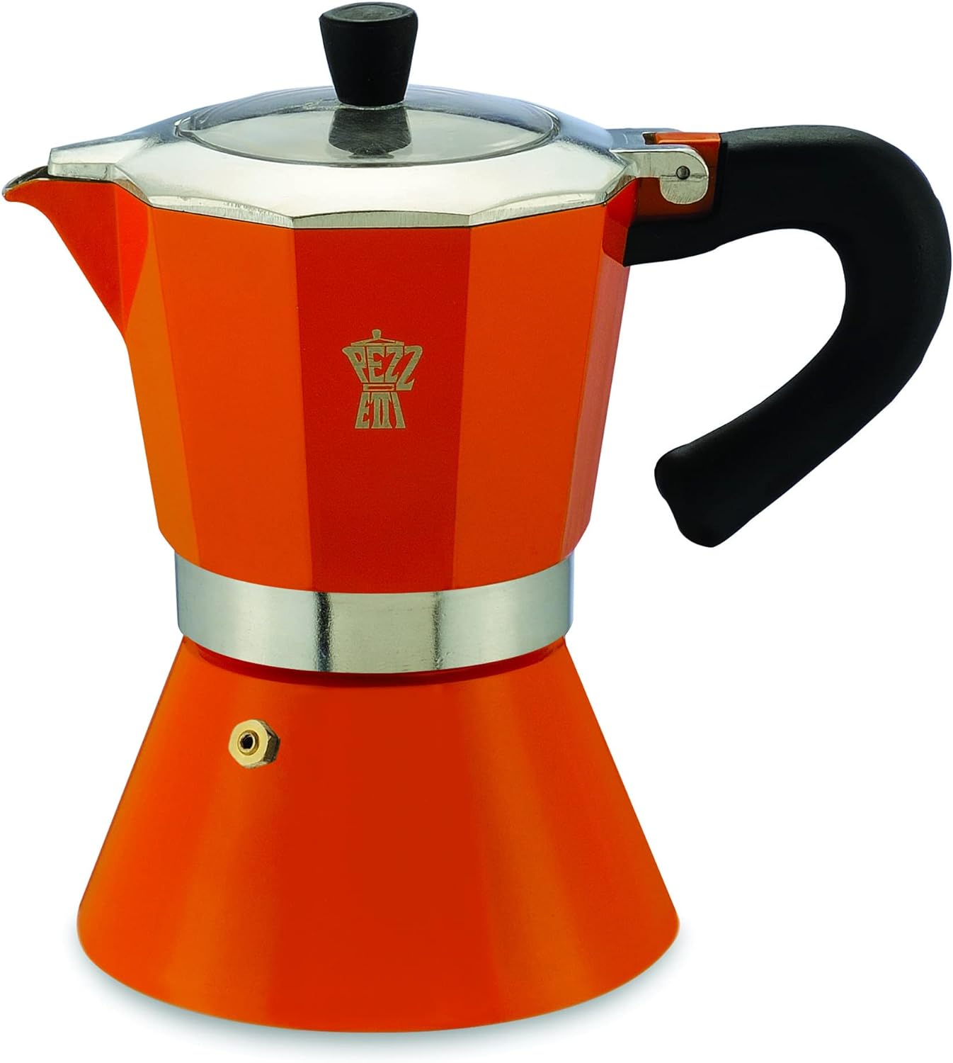 Pezzetti, Bellexpress 6 Cup Espresso Maker Made of Food Grade Aluminum, Transparent Lid, Silicone Gasket, Heat Resistant Handle, For Gas, Electric and Glass Ceramic, Orange
