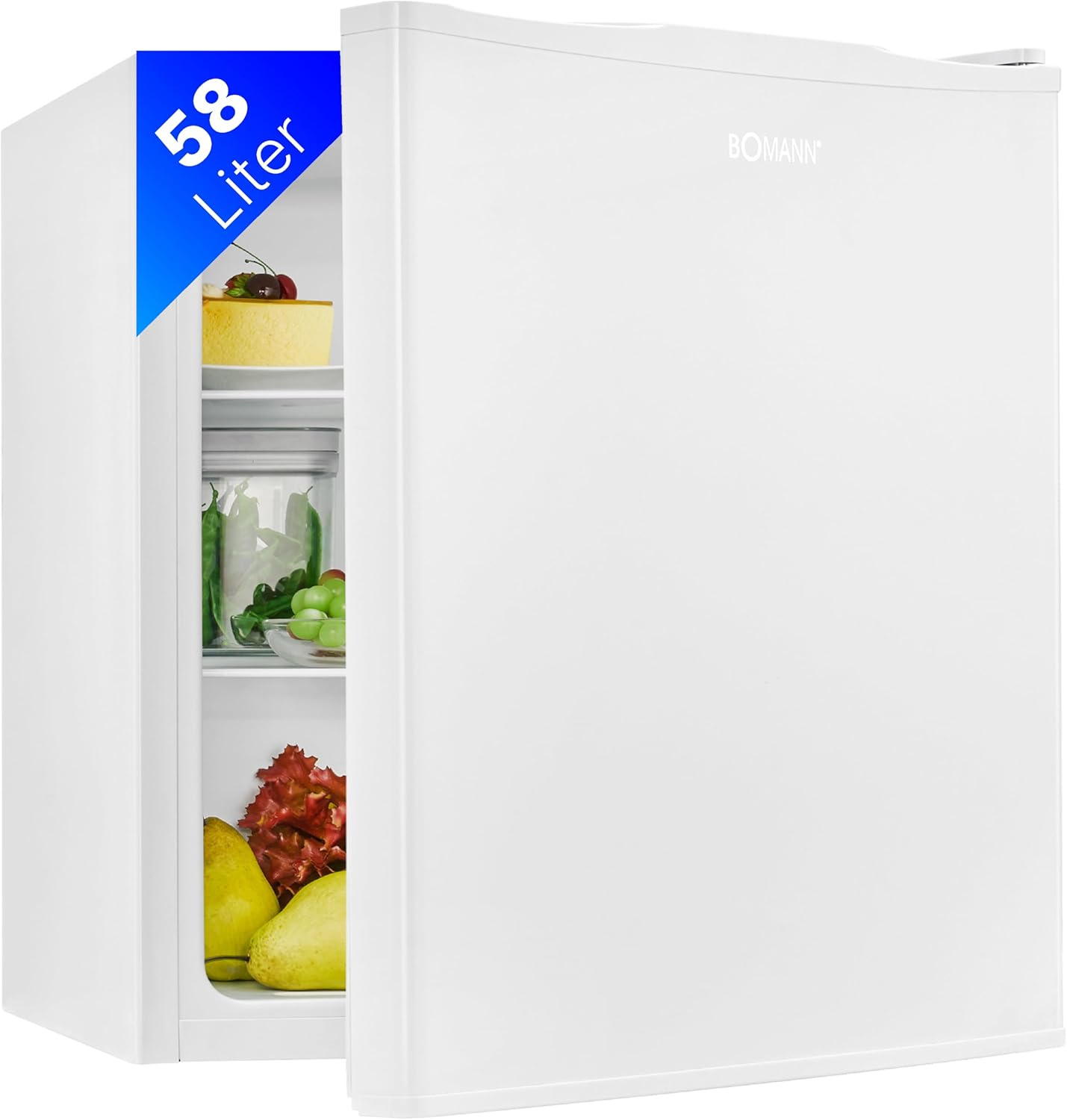 Bomann KB 7347 Mini Fridge with 58 Litre Capacity | Small Fridge with 2 Removable Glass Shelves | Mini Fridge with Continuous Temperature Control and Interchangeable Door Hinge | White