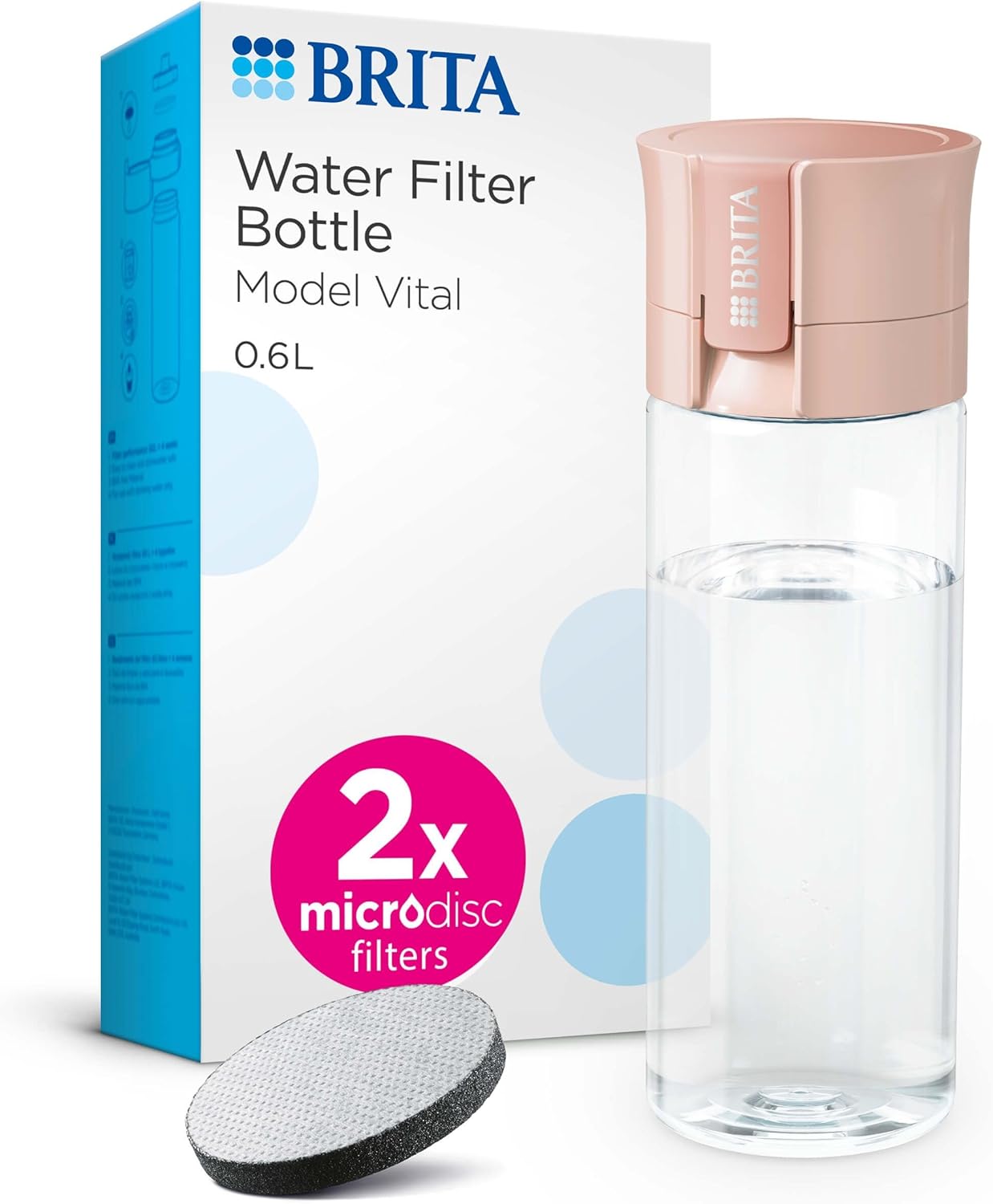 BRITA Vital Rosa 600ml Water Filter Bottle with 2 MicroDisc Filters to Hydrate Anywhere Removes Chlorine, Impurities, Hormones and Preserves Minerals