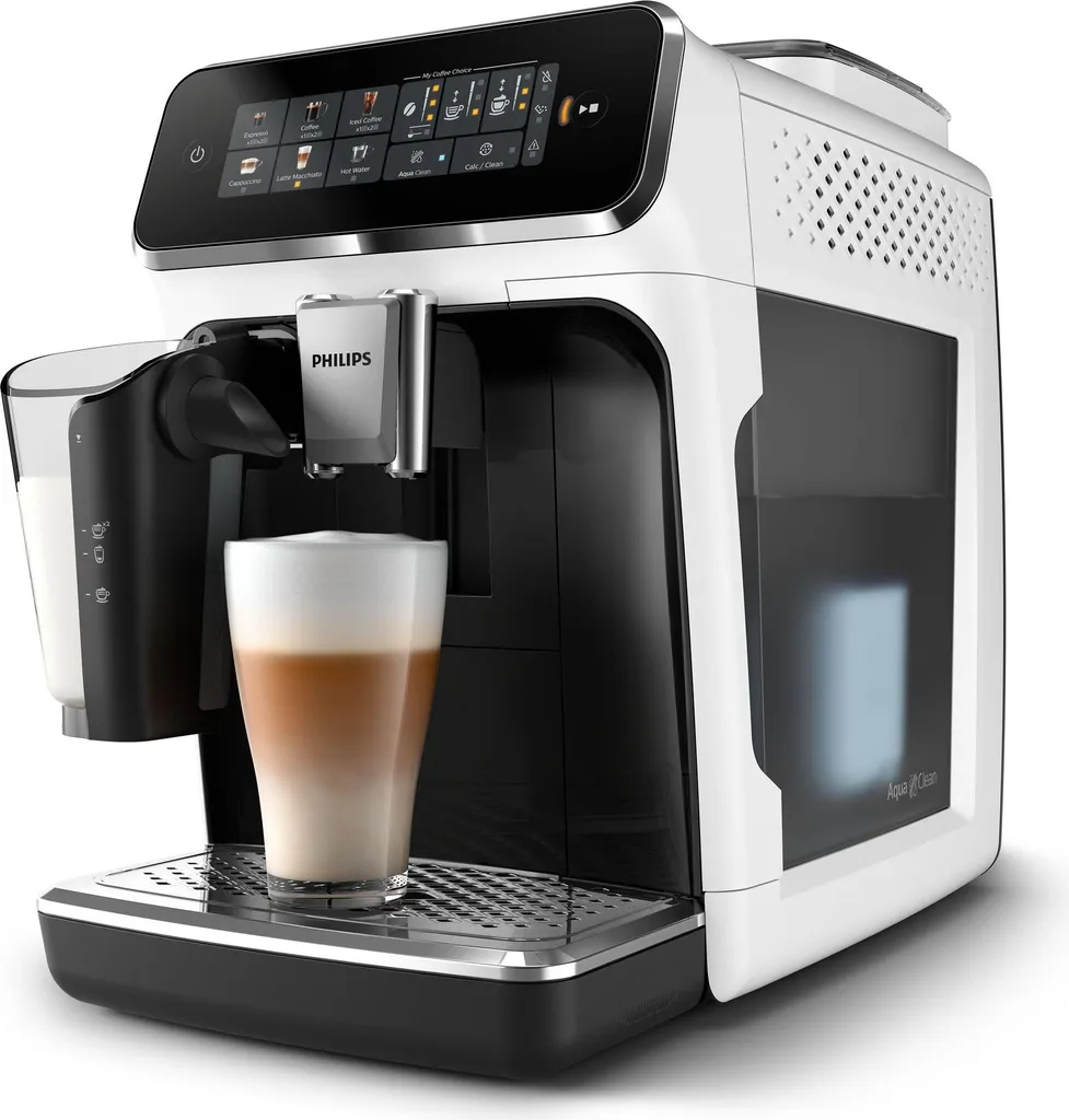 Philips Series 3200 fully automatic coffee machine, 5 coffee settings, LatteGo milk system, touch display, white (EP3343/50)