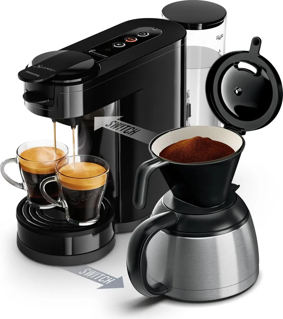 Philips Senseo® Switch 2-in-1 Pad and Filter Coffee Machine with Thermal Carafe + Intensity Control, Black (HD6592/64)