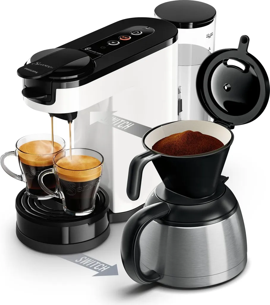 Philips Senseo® Switch 2-in-1 Pad and Filter Coffee Machine with Thermal Carafe + Intensity Control, White (HD6592/04)
