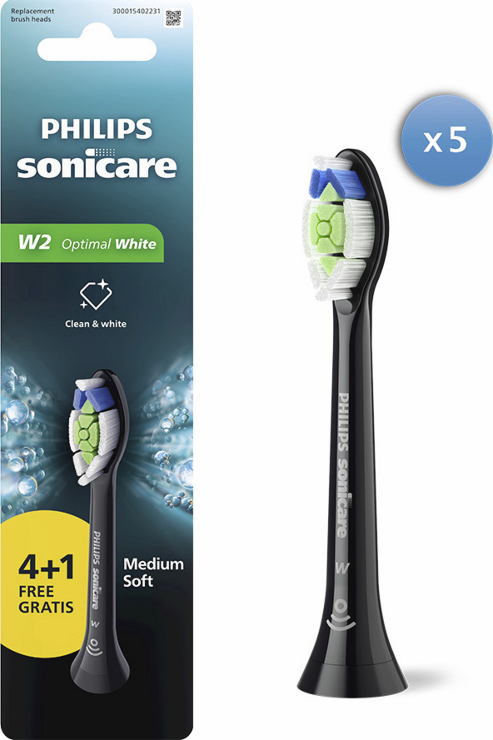 PHILIPS Sonicare Replacement Brush Heads W2 Optimal White 4+1 HX6065/88 Black