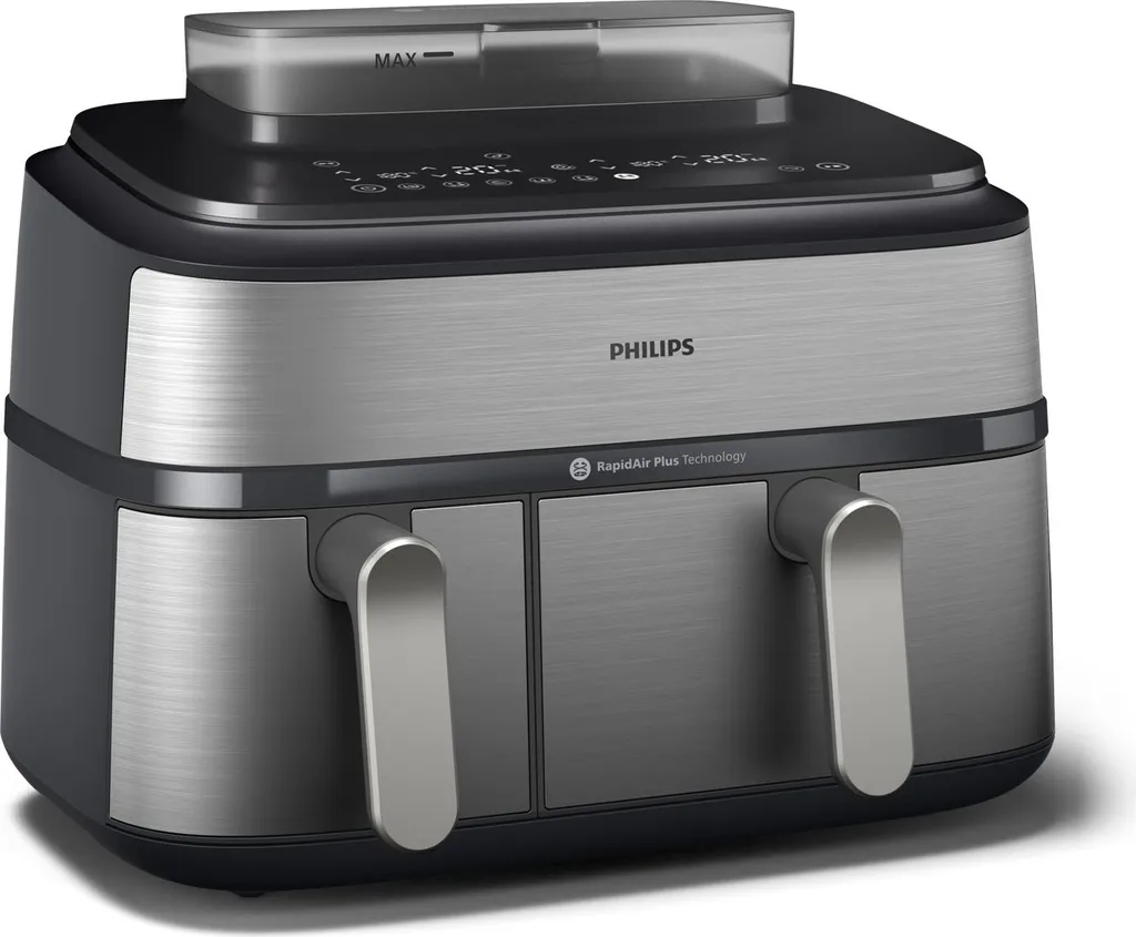 Philips Steam Airfryer 5000 Series Dual Basket - Hot air fryer & steamer in one appliance, 9L, RapidAir Plus technology, 19 cooking functions, 90% less fat, 2 baskets, steam cleaning (NA555/00)
