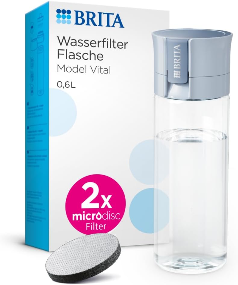 BRITA Model Vital Water Filter Bottle Light Blue (600 ml) Including 2 MicroDisc Filters - Practical Water Bottle with Water Filter for Travel, Filters Chlorine & Bacteria When Drinking/Dishwasher Safe