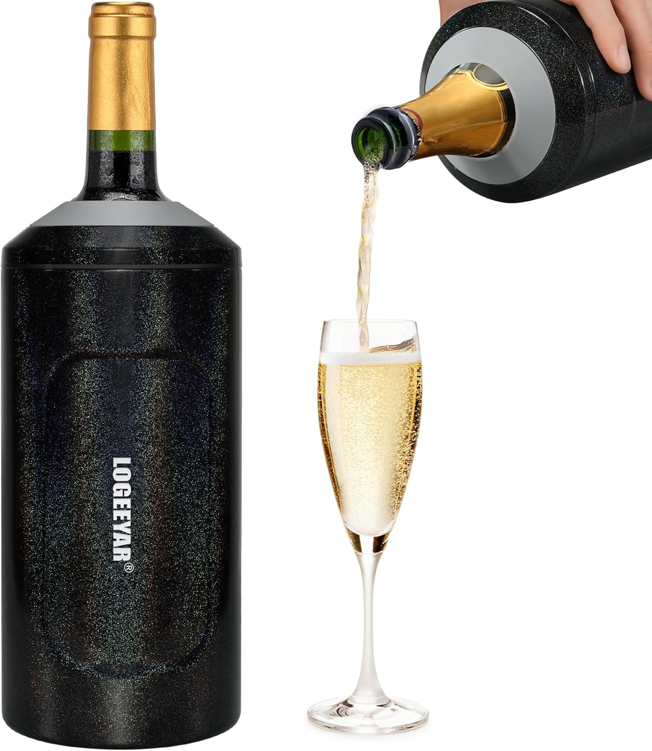 Itslife Wine Cooler with Lid, 750 ml Bottle Cooler for Wine Champagne, Double-Walled Stainless Steel Champagne Cooler, Portable Drink Cooler Outdoor, Gifts for Wine Lovers, Black