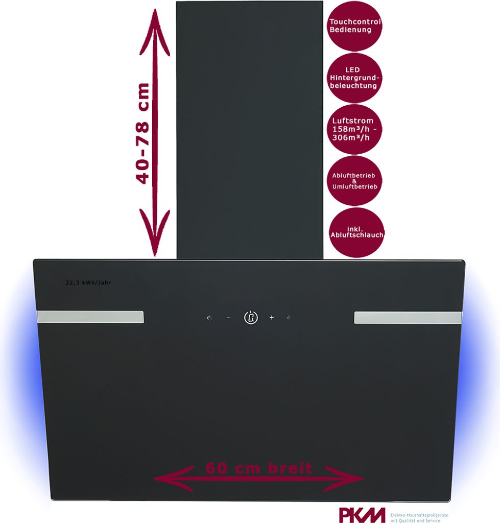 PKM 60cm Black Glass Canopy Extractor Hood with LED Backlighting and Exhaust Air