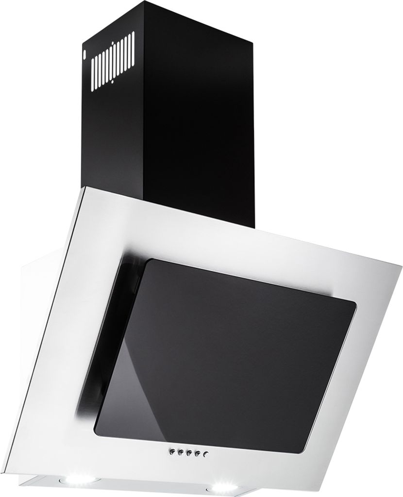 PKM extractor hood, silver/black, 60cm, glass canopy, angled hood, recirculating, wall-mounted hood