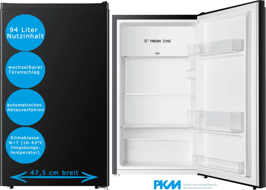 PKM freestanding refrigerator, 94 liters, 47.5cm wide, Fresh Zone, full-size refrigerator, black