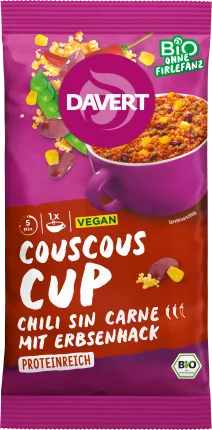 Davert Department, couscous cup chilli sin carne with pea hack, 58 g